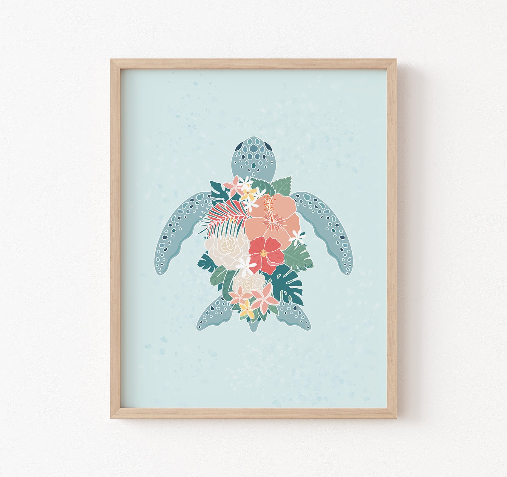 Turquoise sea turtle art print with pink flowers
