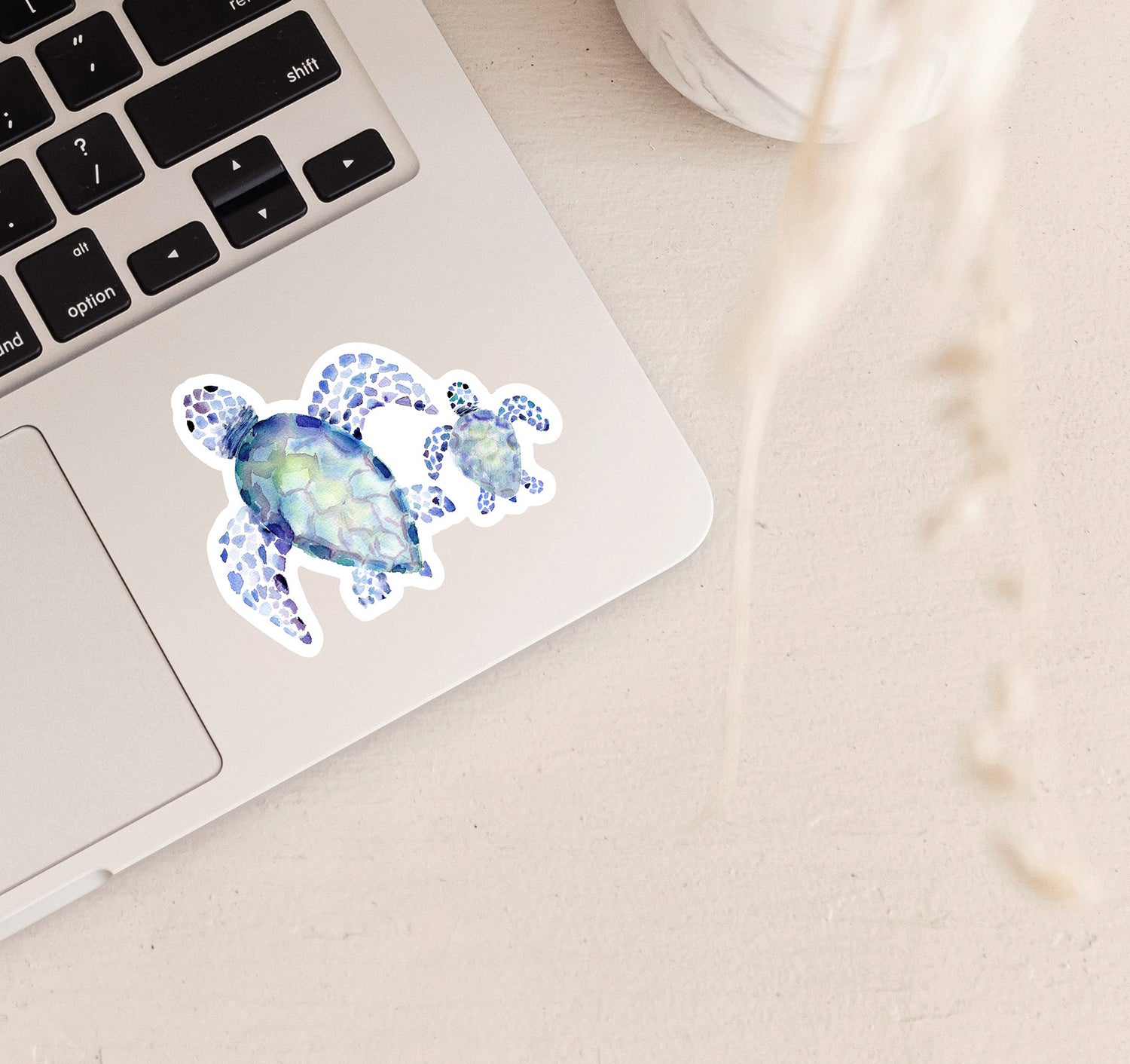 Watercolor Hawaiian Green Sea Turtle and baby sea turtle laptop sticker