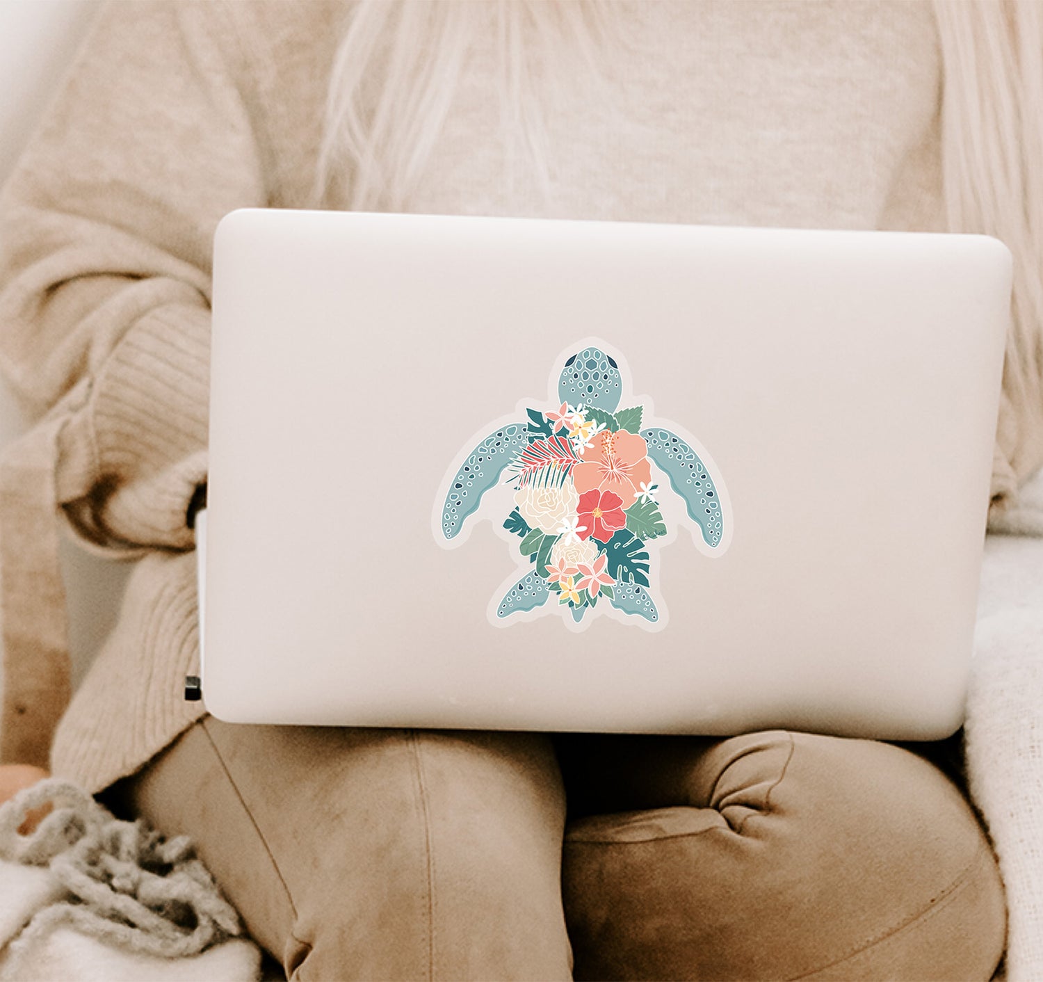 Hawaiian green sea turtle with flowers vinyl laptop sticker