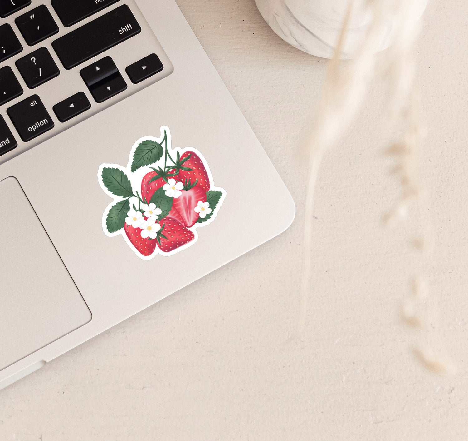 Bunch of strawberries with white flower blossoms vinyl laptop sticker