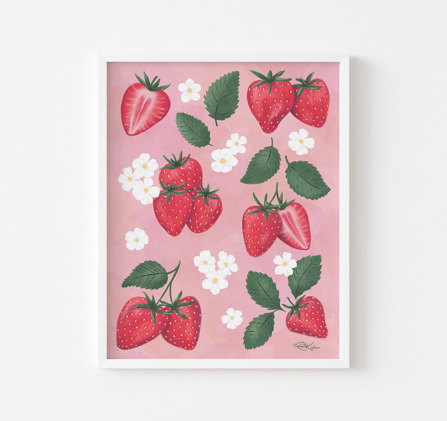 Strawberries and white flower blossoms art print