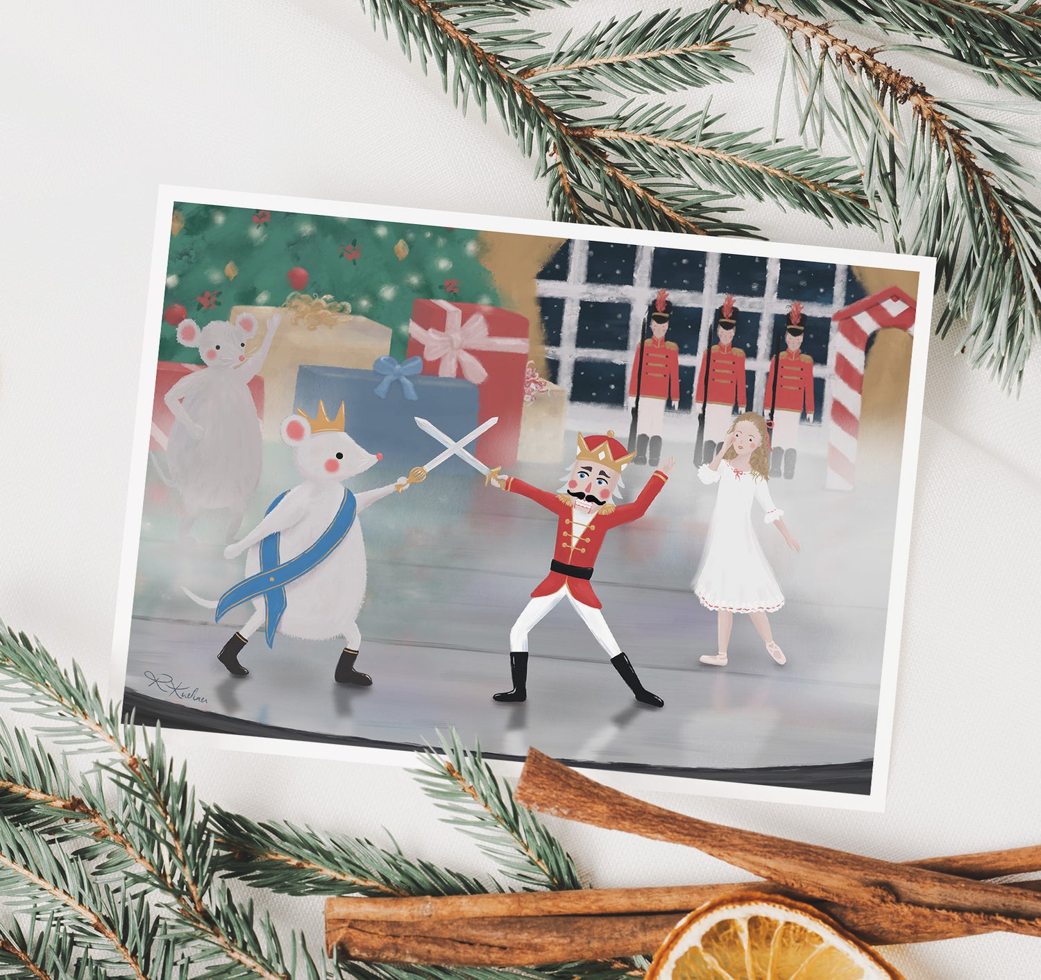 Fight Scene from The Nutcracker painting with the Nutcracker, Moues King, and Clara dancing on stage