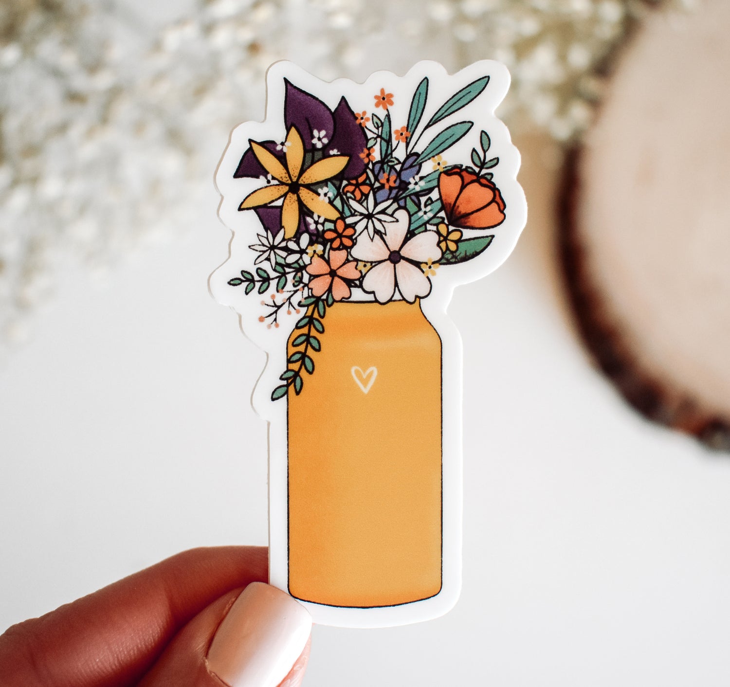 Yellow metal water bottle sticker with wildflowers