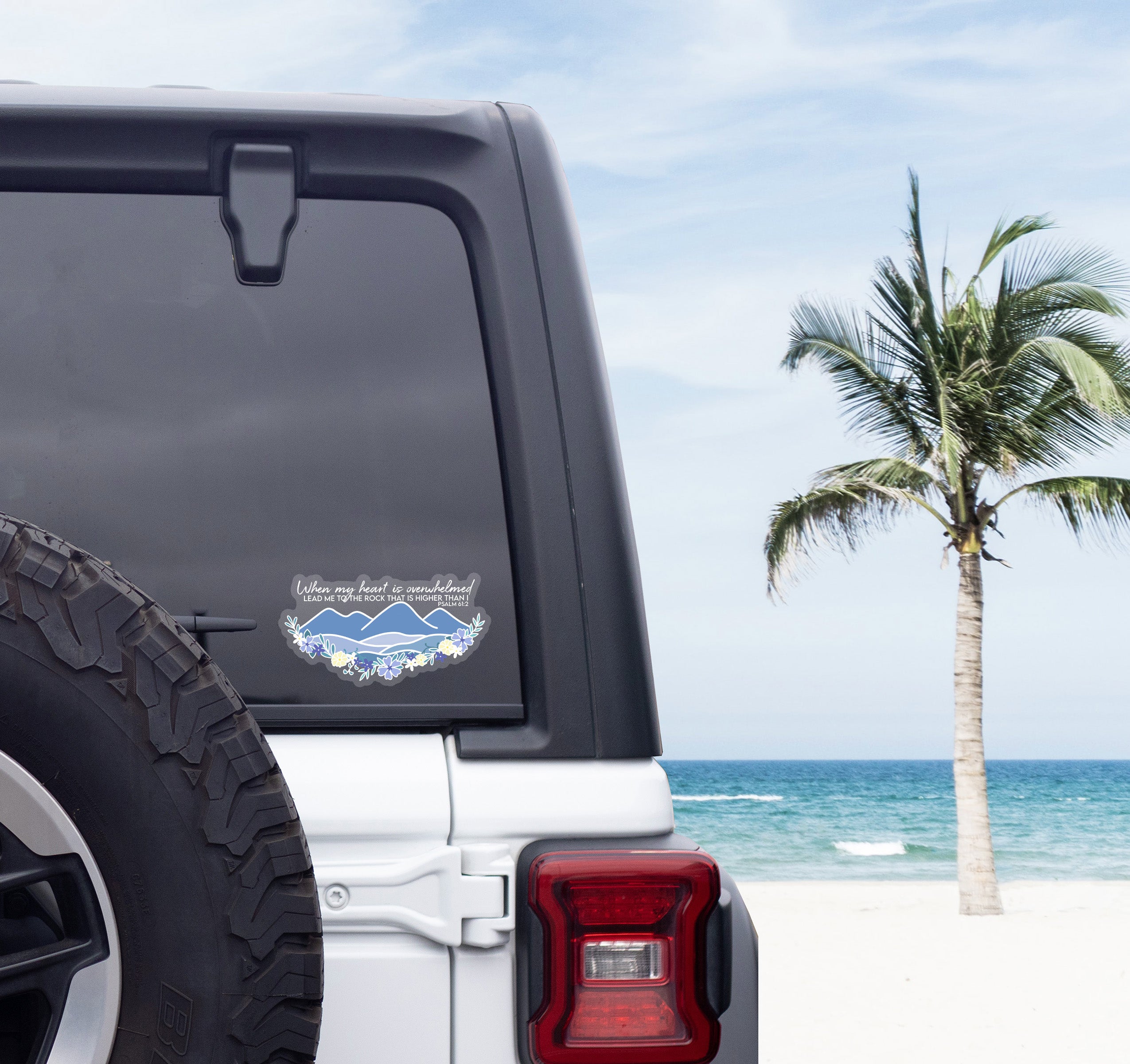 When My Heart is Overwhelmed, Psalm 61:2 Bible verse Christian car decal with a mountain and flowers