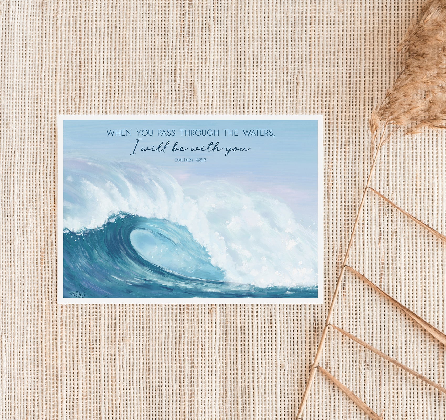 Christian art print of an ocean wave with the Isaiah 43:2 Bible verse "when you pass through the waters, I will be with you."