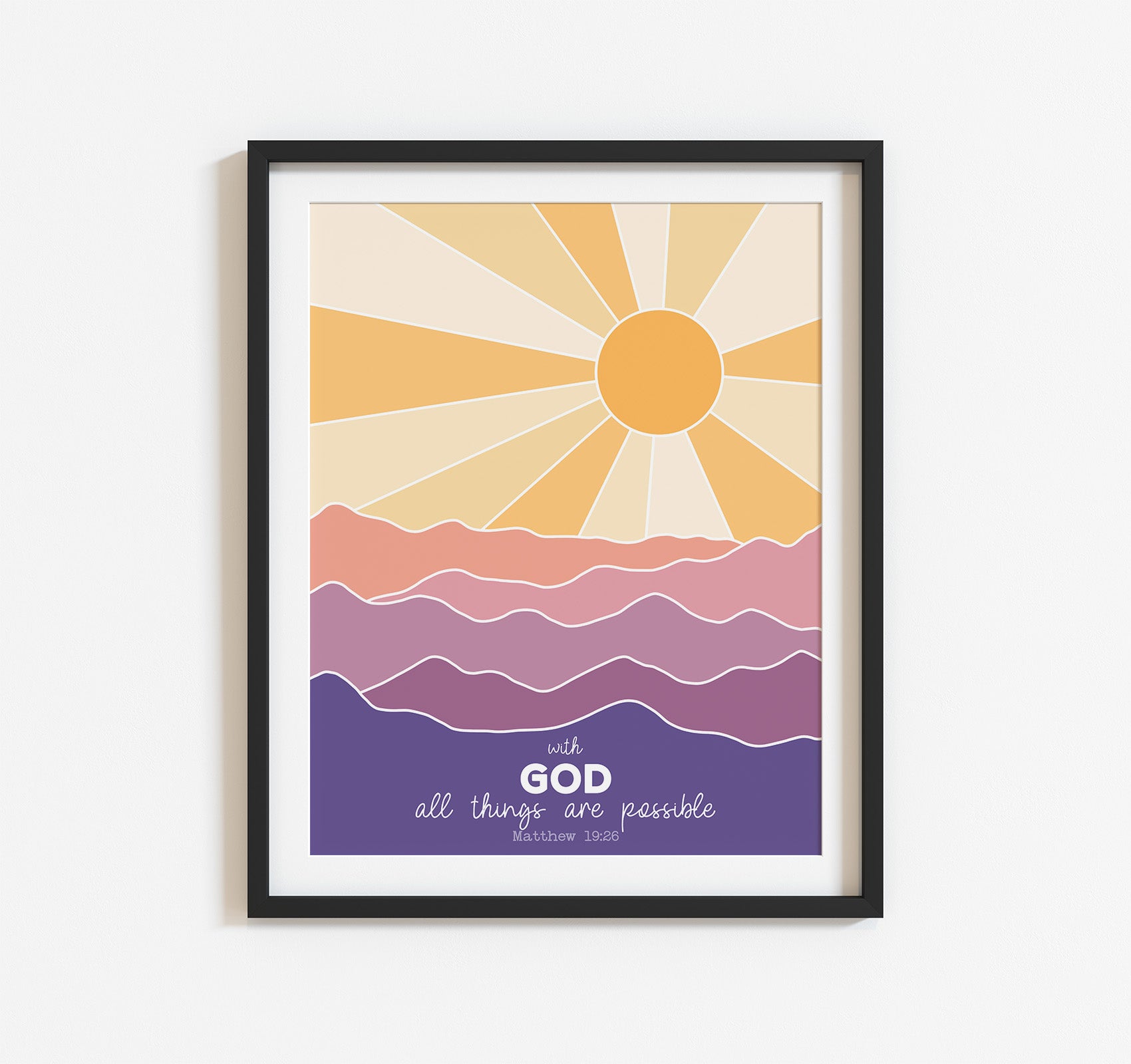 Christian art print of the Matthew 19:26 Bible verse "With God all things are possible" featuring a sunset over the mountains