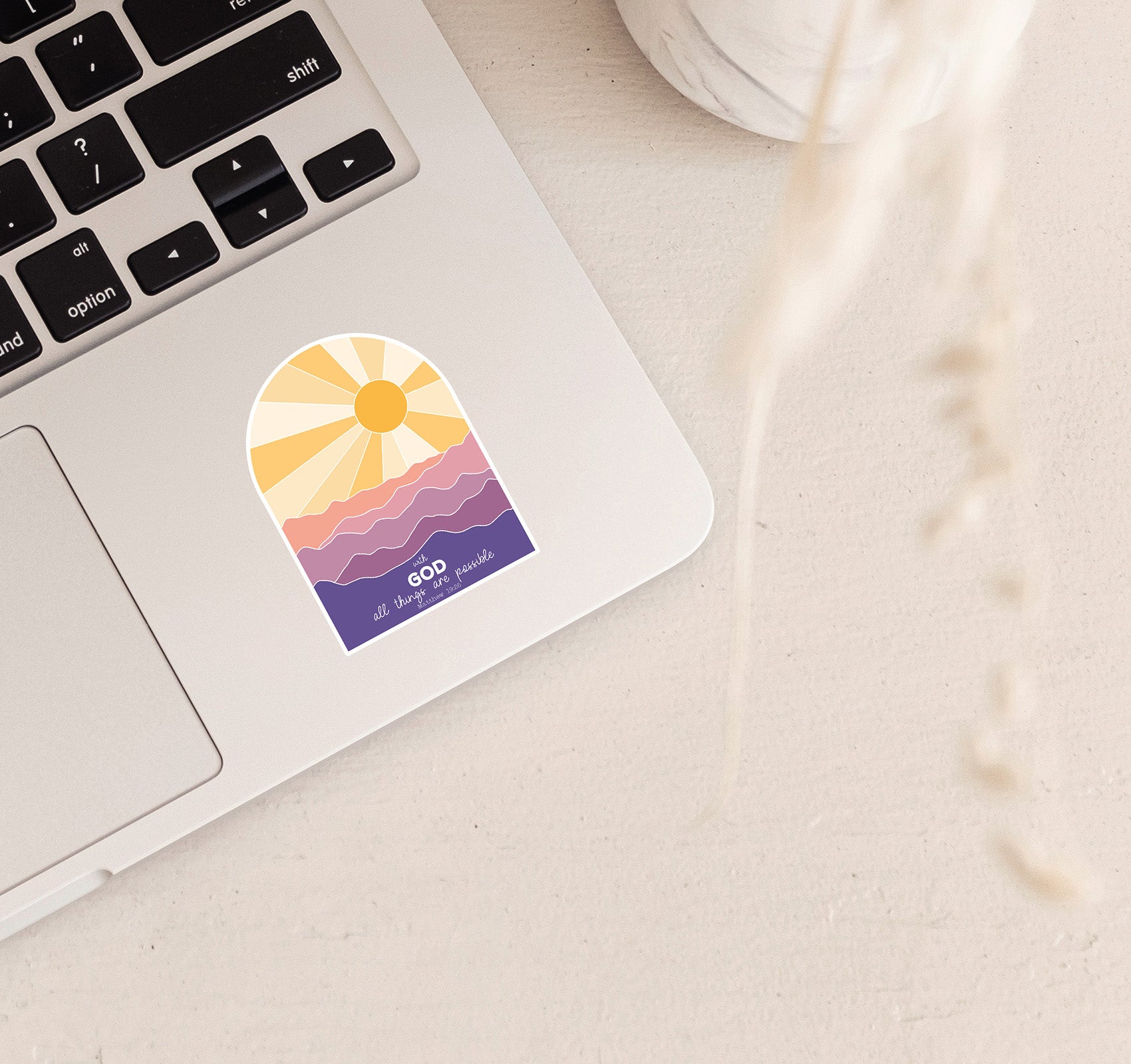 With God all things are possible, Matthew 19:26 Bible verse laptop sticker with mountains and the sun
