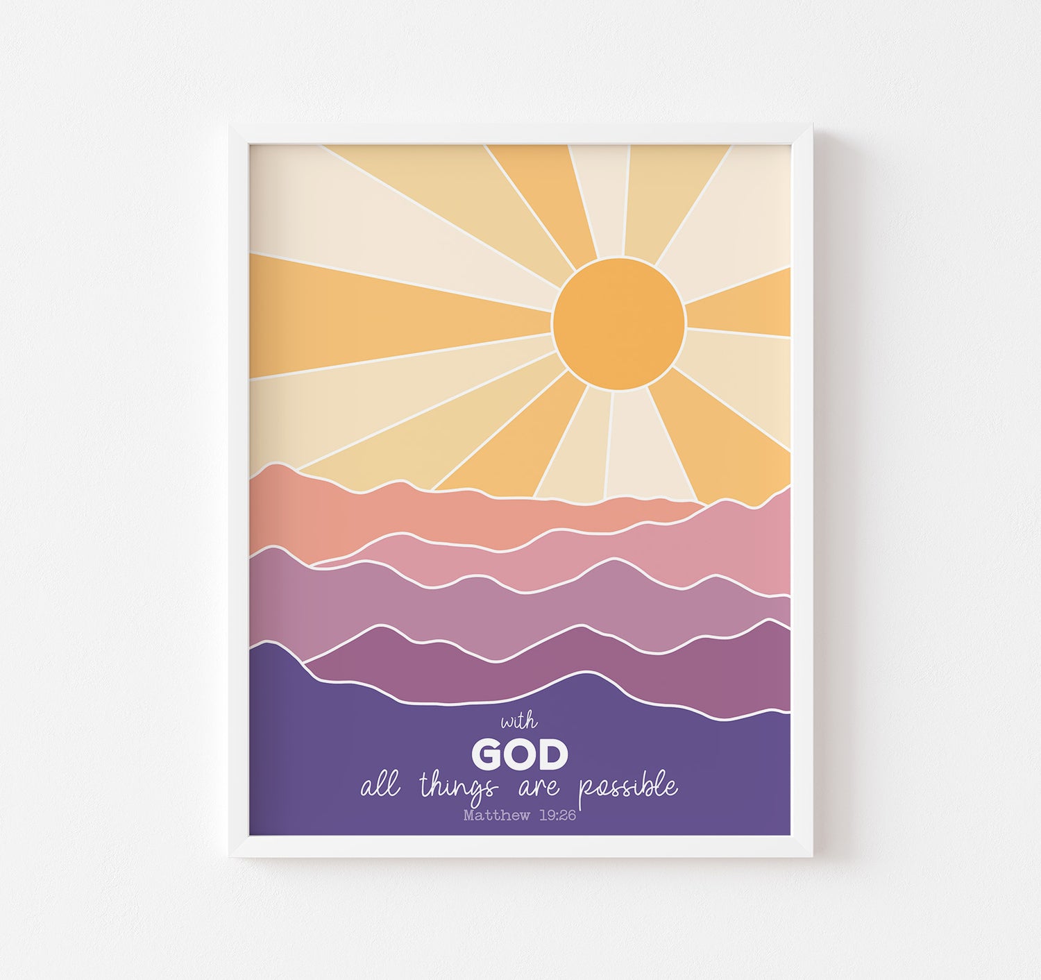 Christian art print of the Matthew 19:26 Bible verse "With God all things are possible" featuring a sunset over the mountains