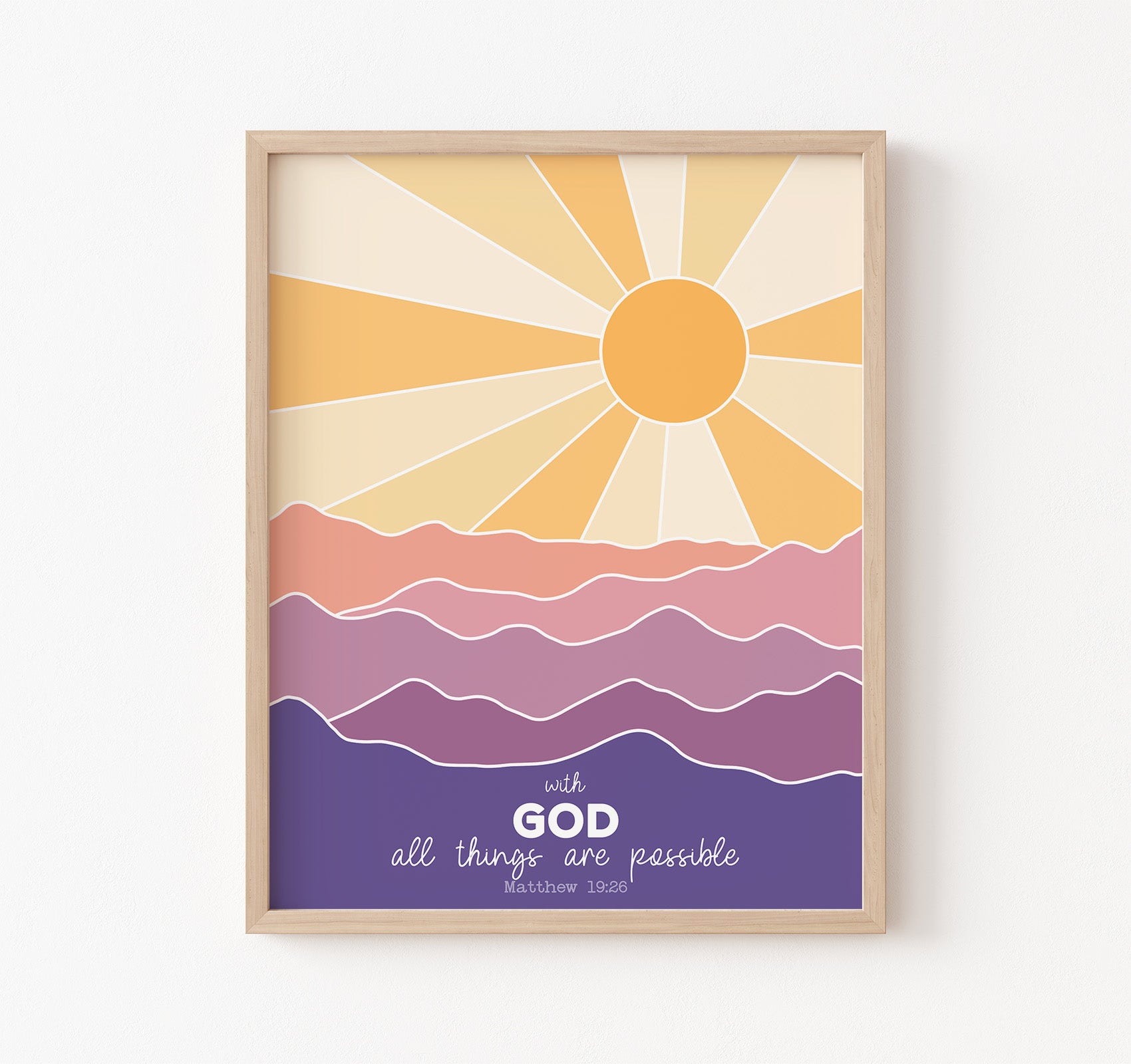 Christian art print of the Matthew 19:26 Bible verse "With God all things are possible" featuring a sunset over the mountains