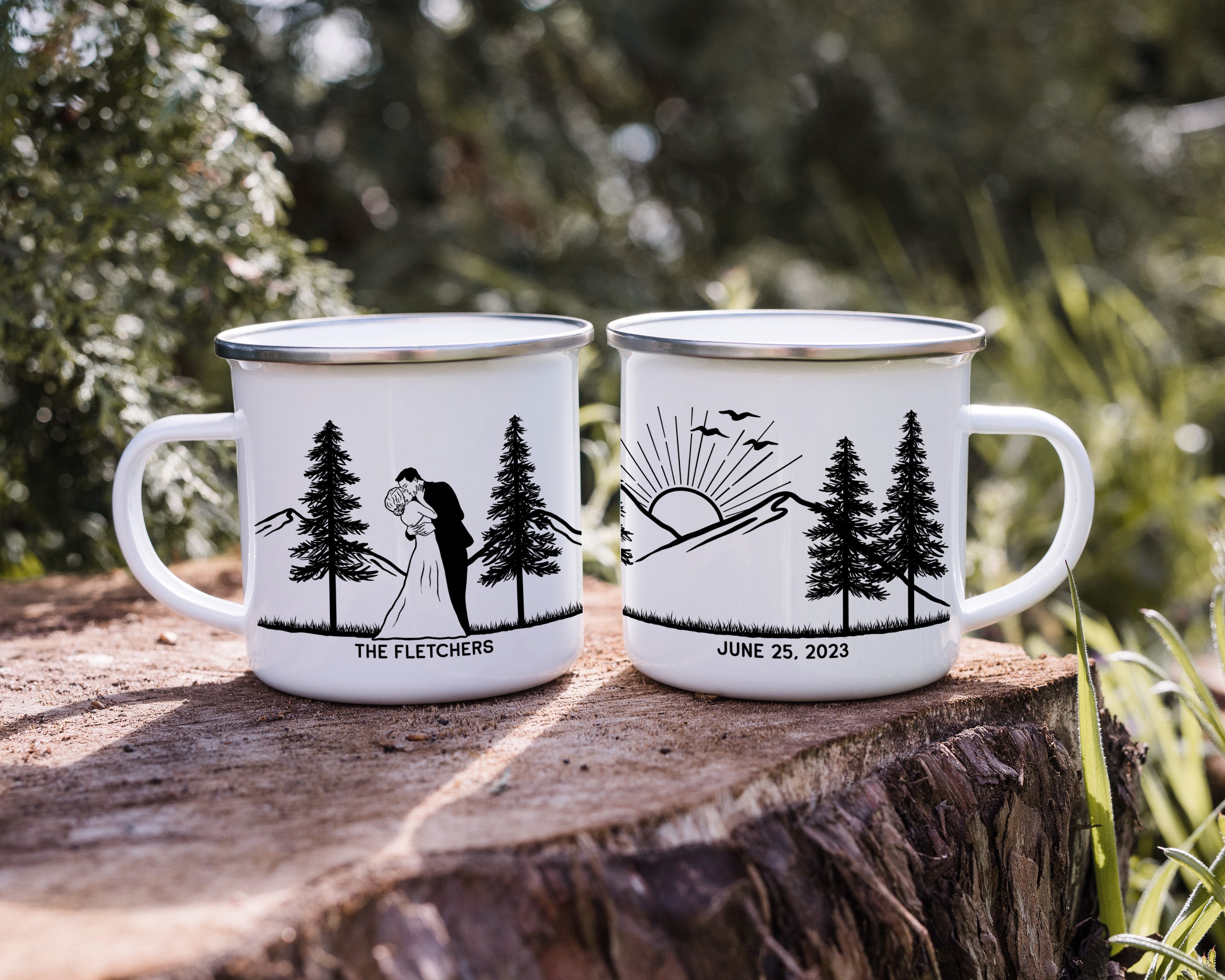 A personalized wedding metal camp mug of a bride and groom in the mountains