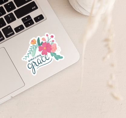 Amazing grace laptop sticker with pink and yellow flowers