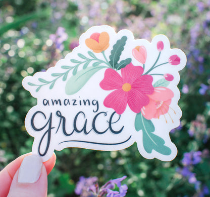 Amazing grace sticker with pink and yellow flowers