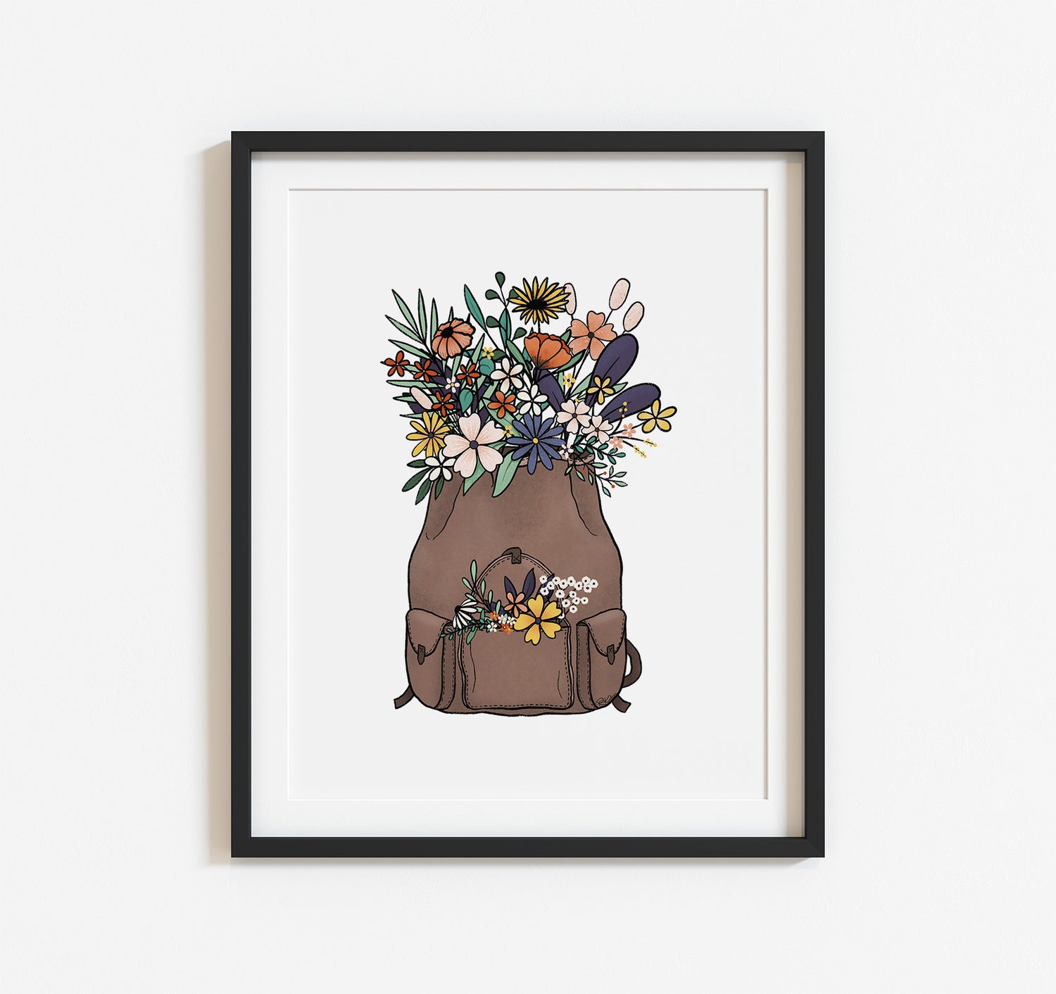 Boho backpack filled with wildflowers art print