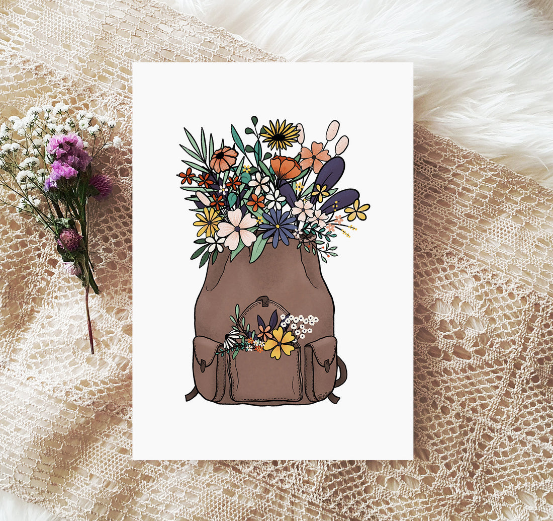 Brown leather backpack filled with wildflowers art print
