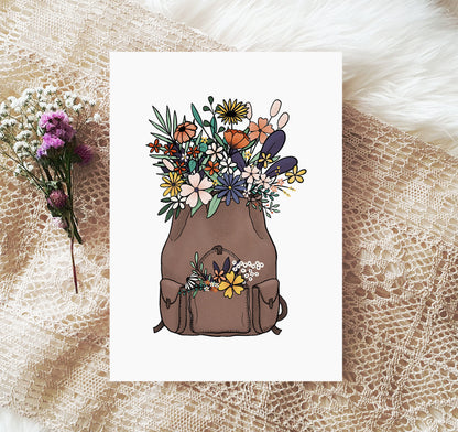 Boho leather backpack filled with wildflowers art print