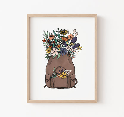 Brown leather backpack filled with wildflowers art print