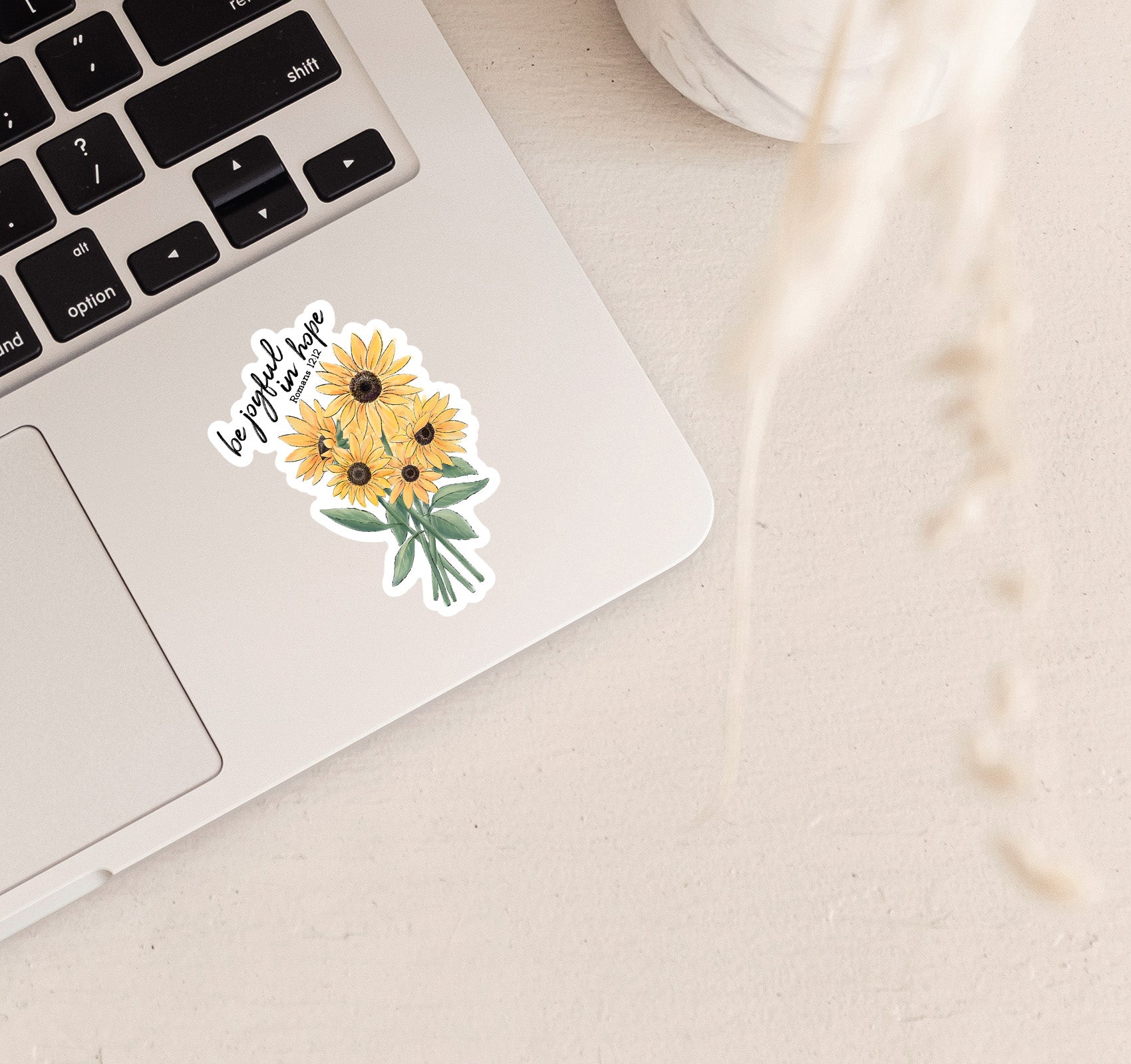Be joyful in hope Christian laptop sticker with sunflowers