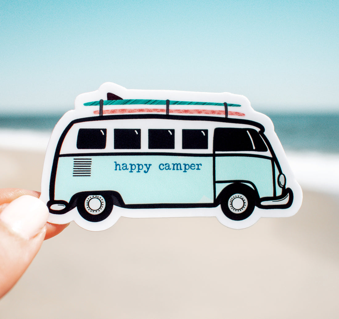 Happy camper van with surfboards sticker