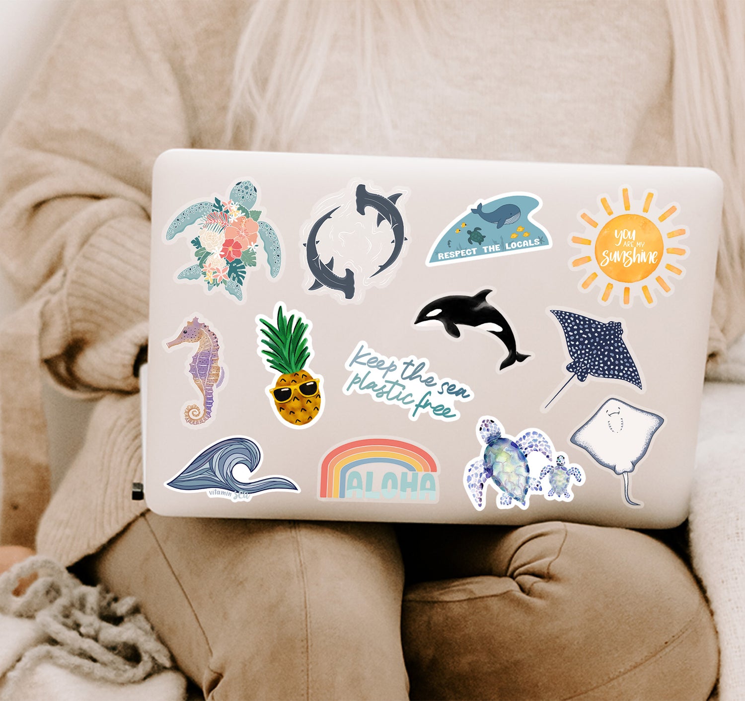Beach and ocean themed laptop stickers
