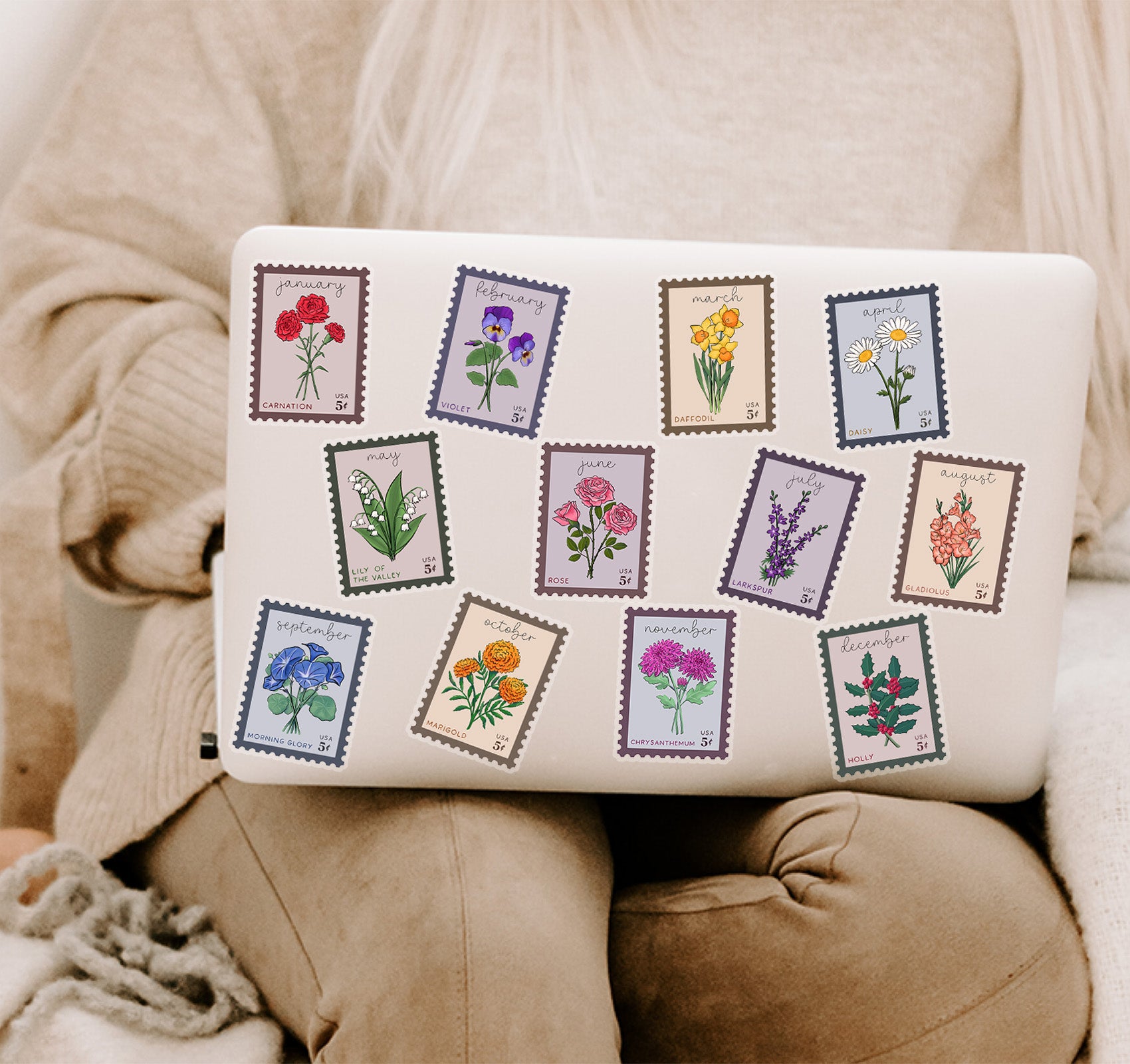 Birth month flowers stamps laptop decals