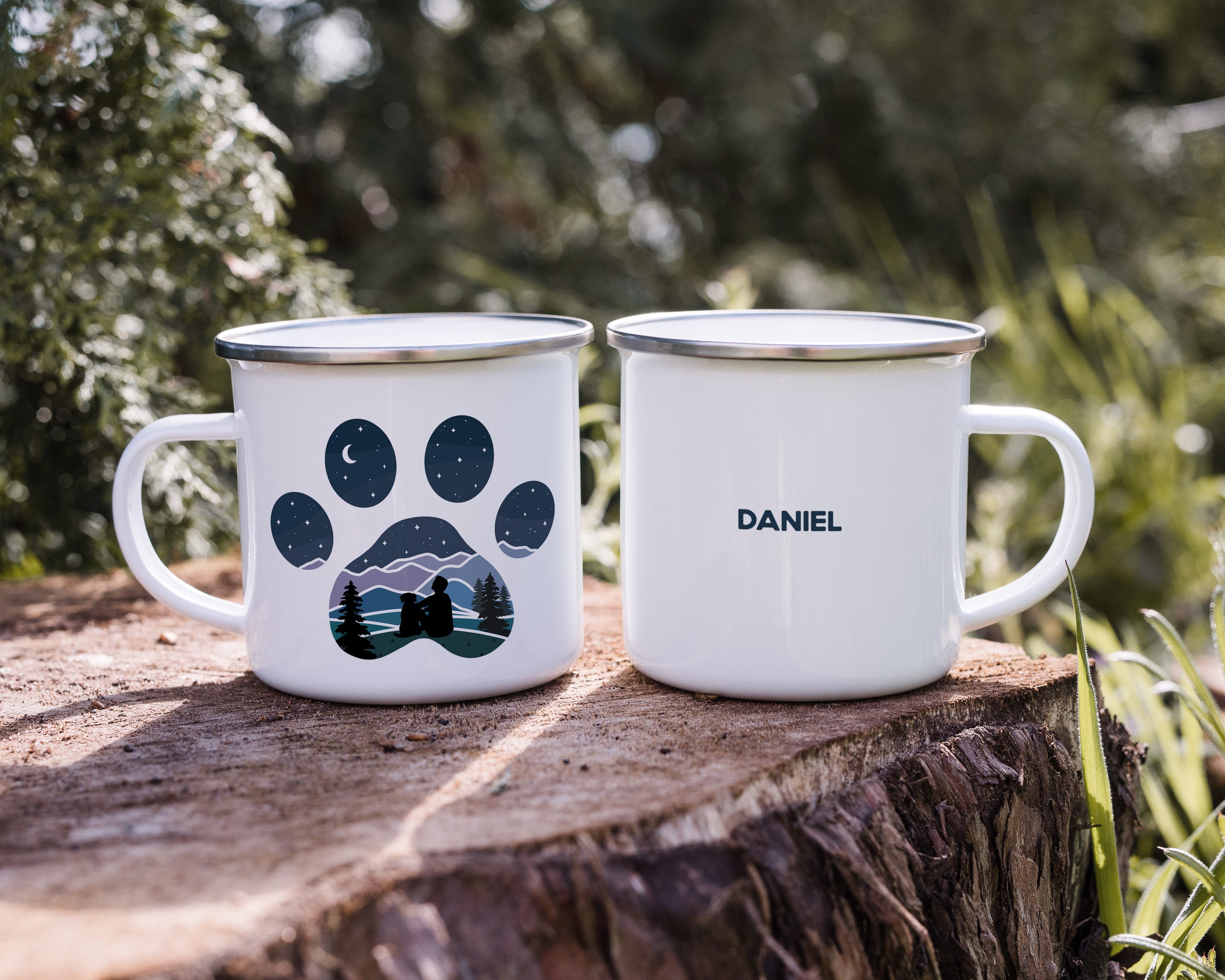 Dog Paw Print Mountain Guy with Dog Camp Mug