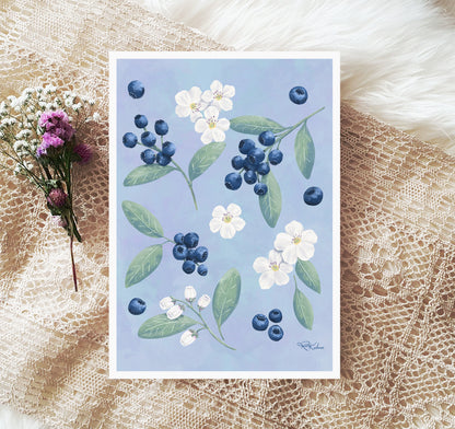 Art print of a painting of blueberries with white fruit flower blossoms