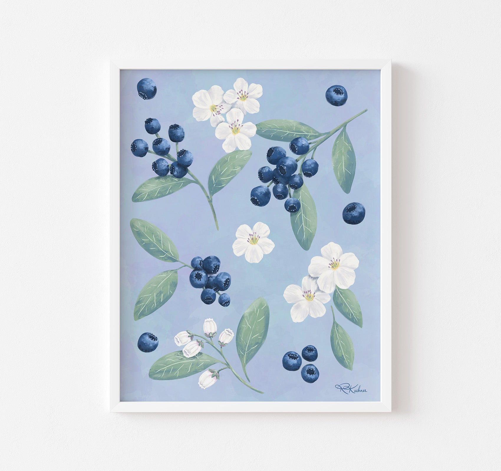 Art print of a painting of blueberries with white fruit flower blossoms