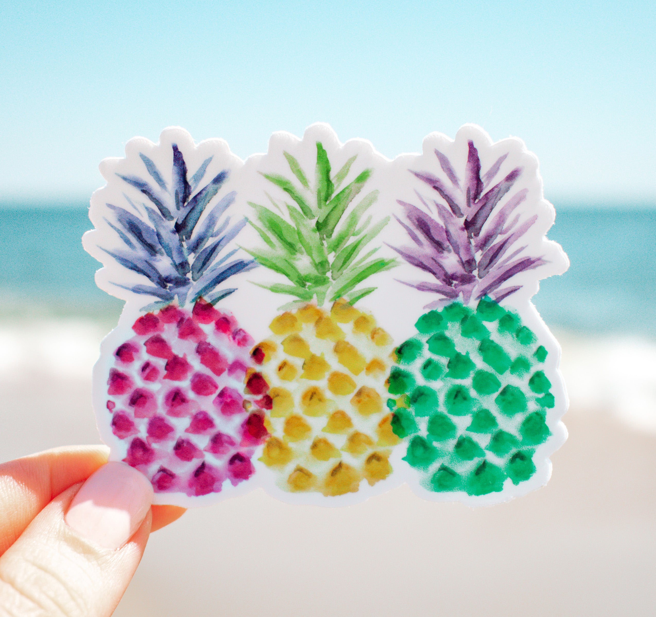 A collection of three colorful pineapples on a vinyl sticker