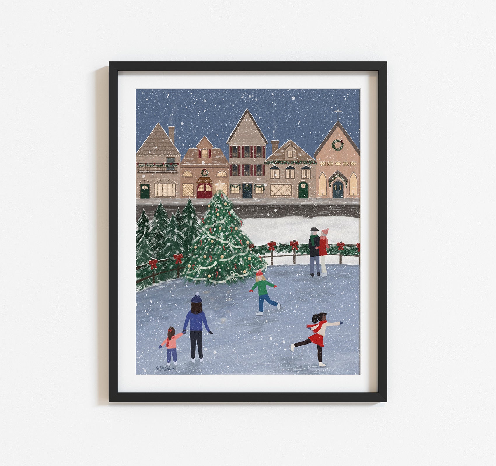 Ice skaters and a Christmas village in the snow art print