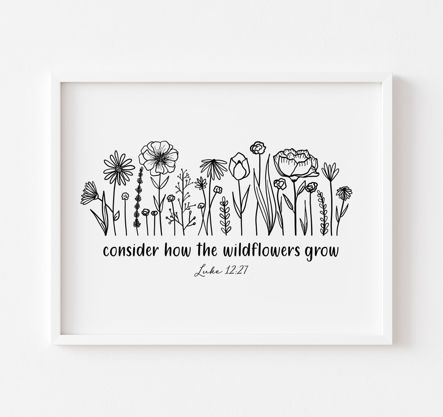 Luke 12:27 Consider how the wildflowers grow Bible verse art print with black and white flowers