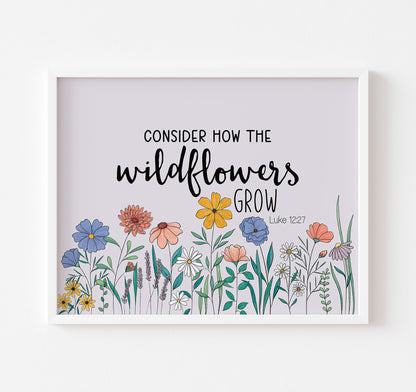 Luke 12:27 Bible verse Christian art print with colorful blooming flowers artwork