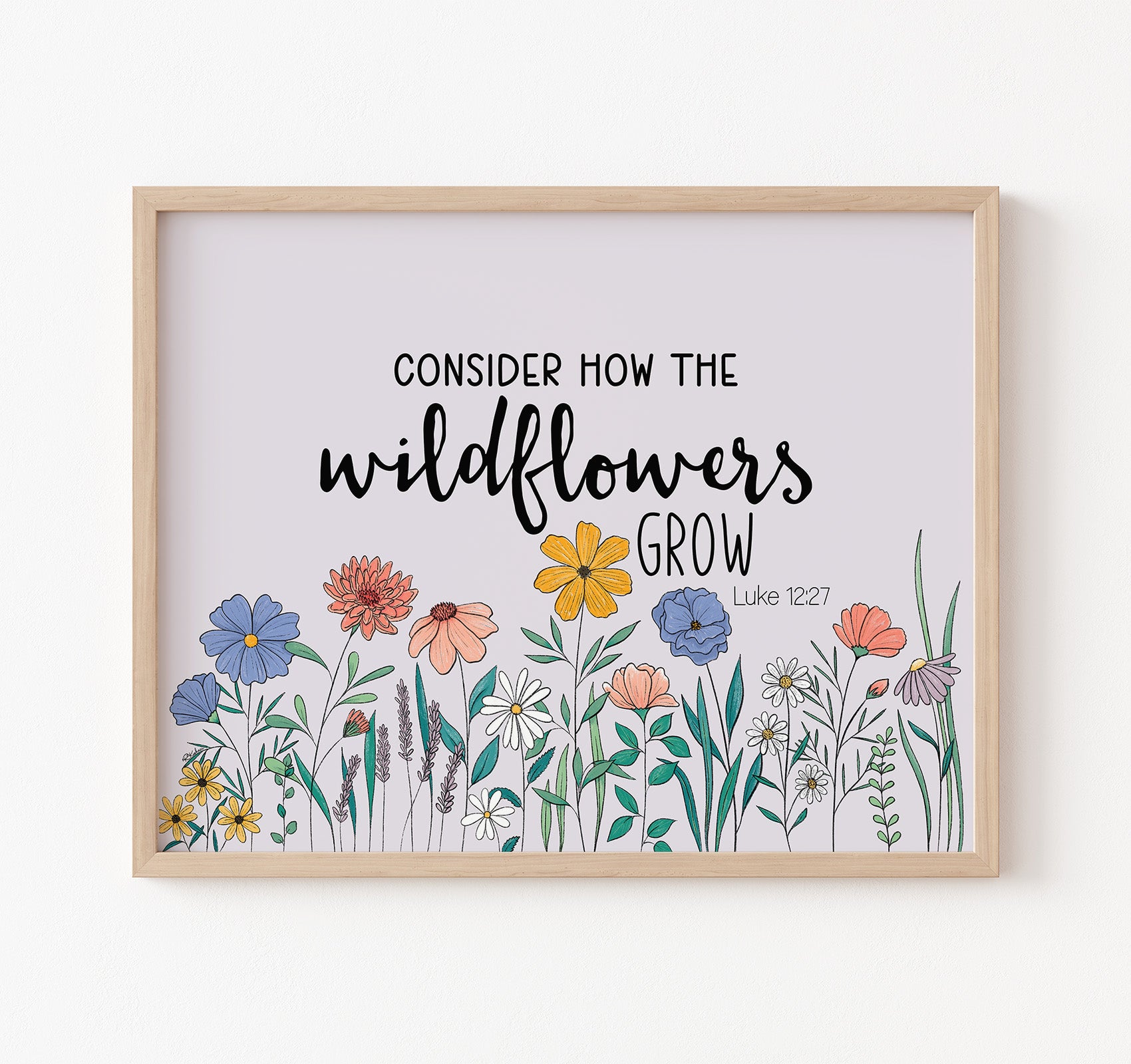 Luke 12:27 Bible verse Christian art print with colorful blooming flowers artwork