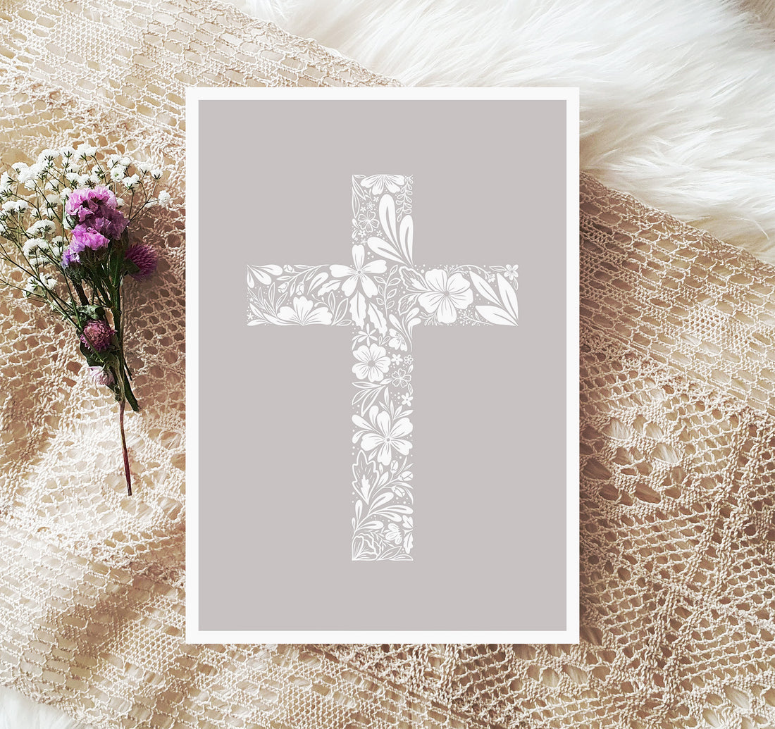 Christian cross of delicate white flowers art print