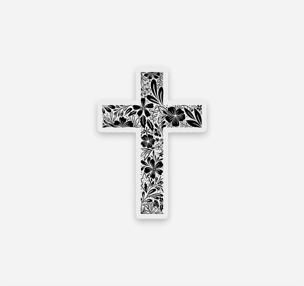 Christian cross with black botanical flowers on a clear vinyl sticker