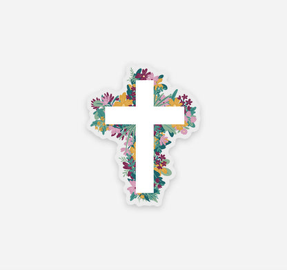 Christian cross sticker surrounded by flowers