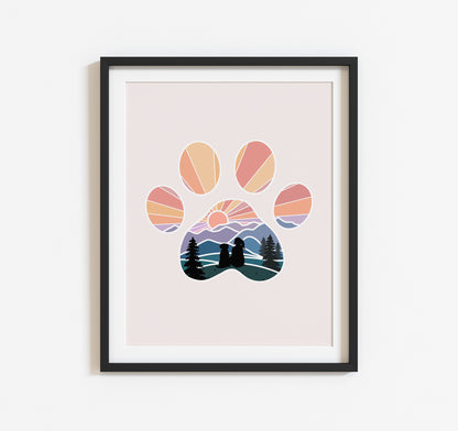 Art print of dog paw print with a girl and her dog watching the sunset over the mountains