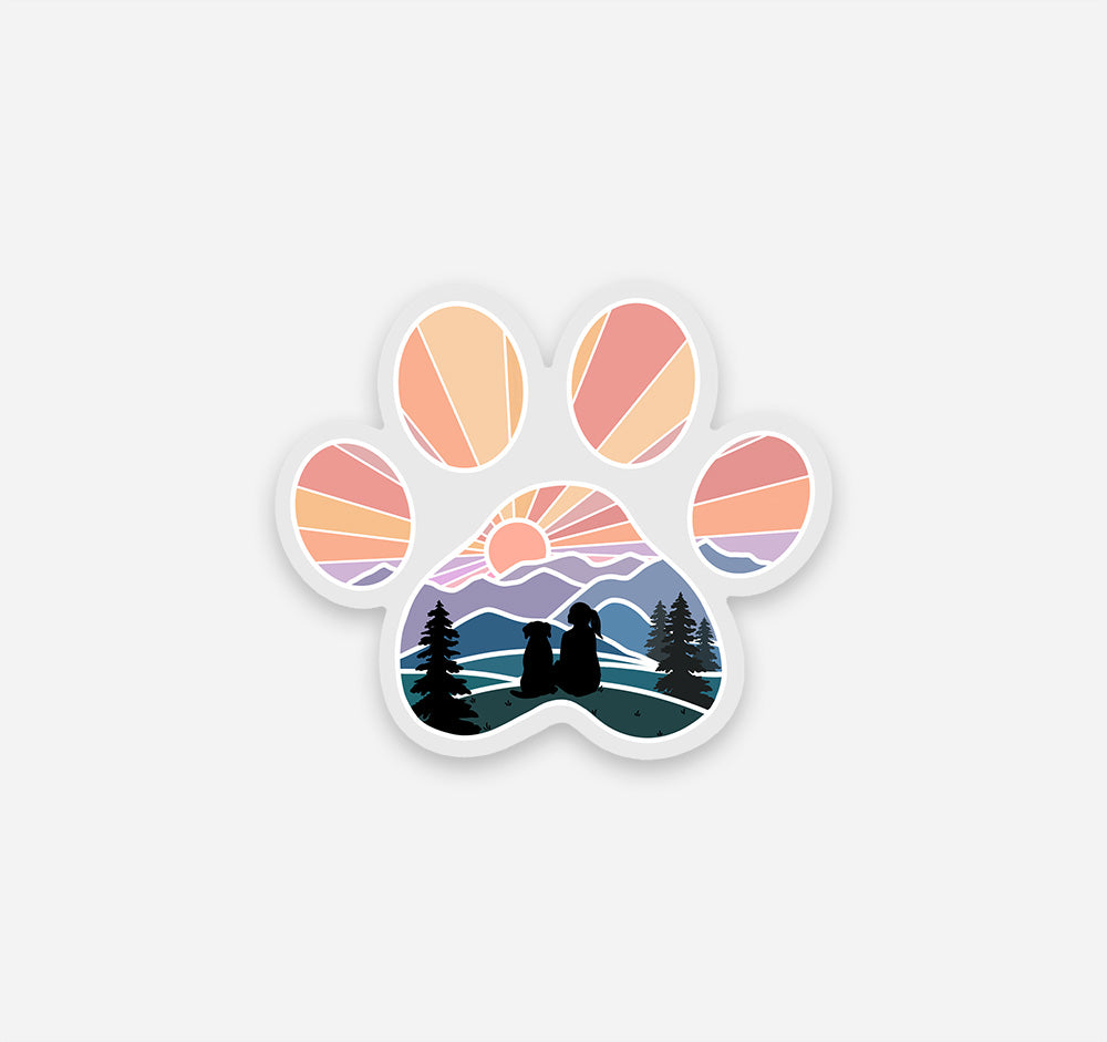 Dog paw print sticker of a girl and dog watching the sunset