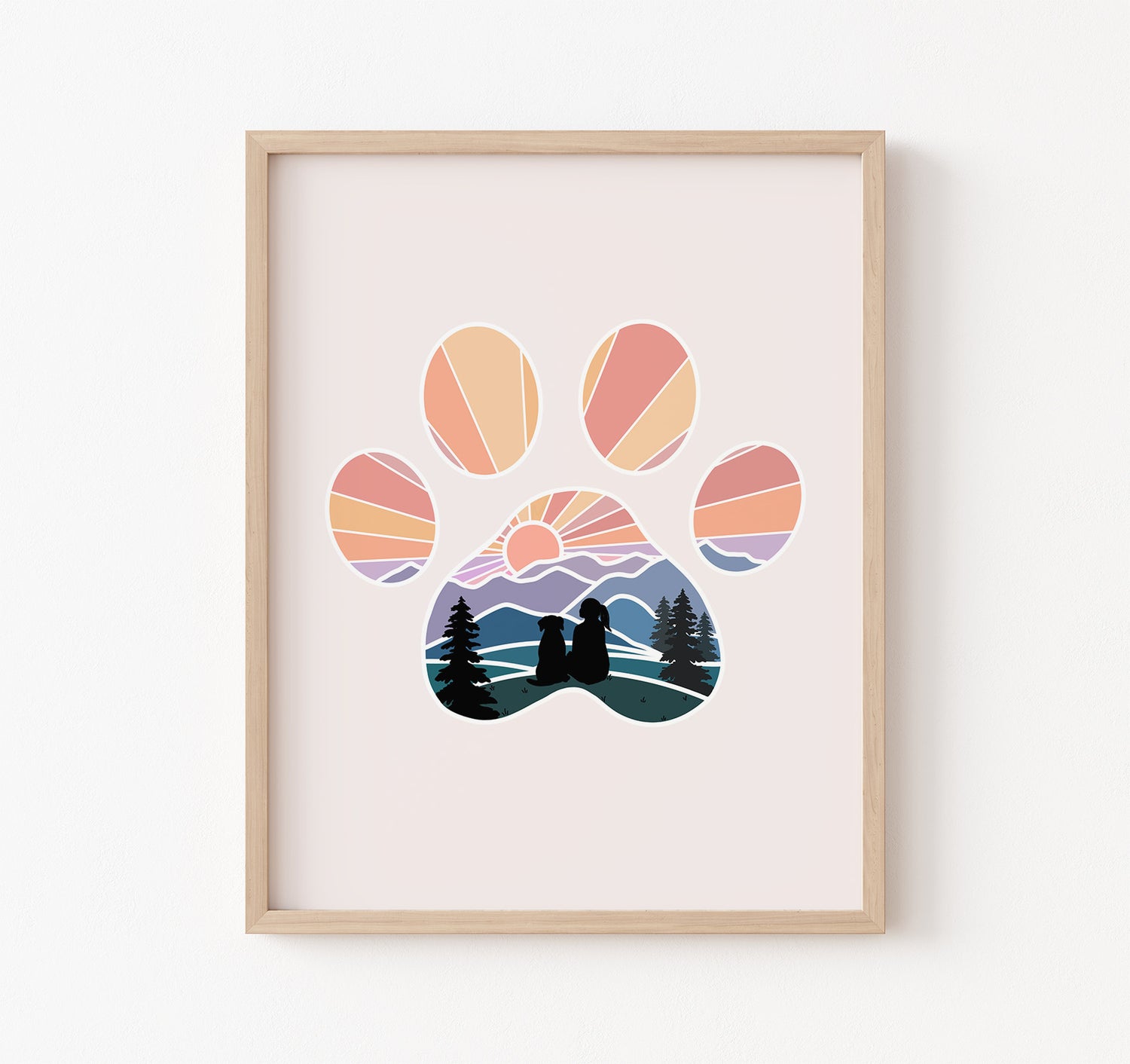 Art print of dog paw print with a girl and her dog watching the sunset over the mountains