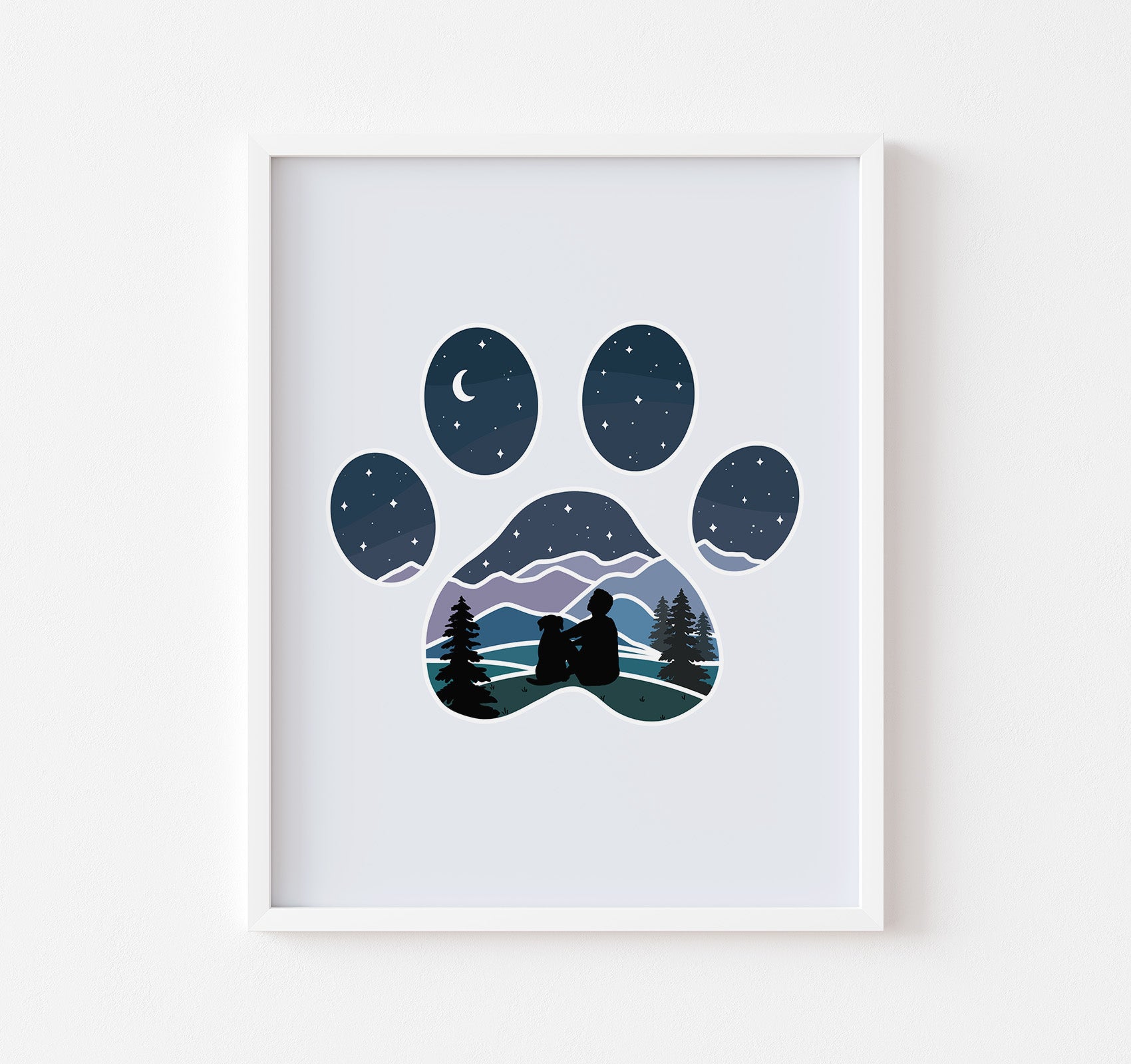 Art print of dog paw print with a man and his dog watching the stars over the mountains