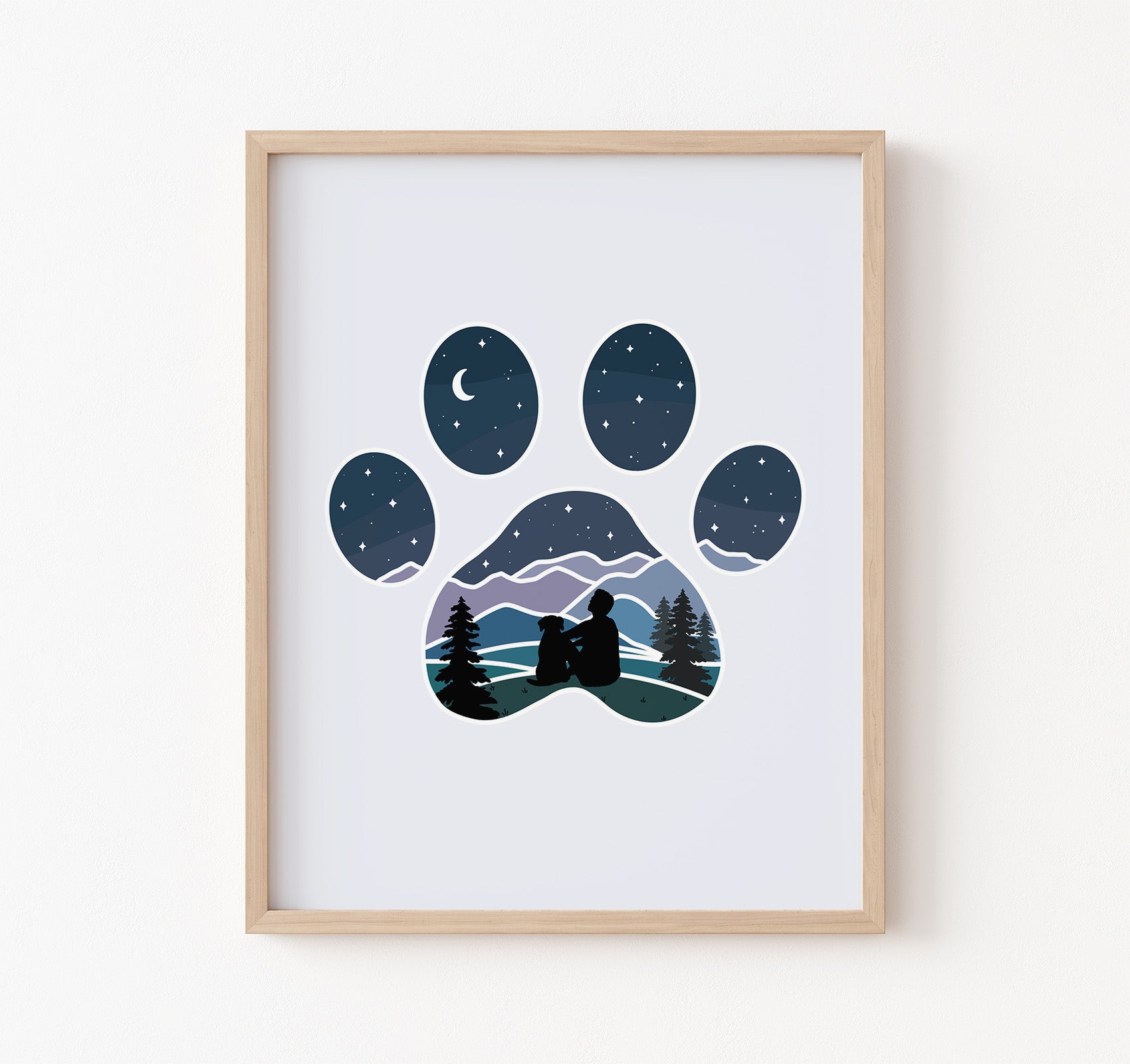 Art print of dog paw print with a man and his dog watching the stars over the mountains