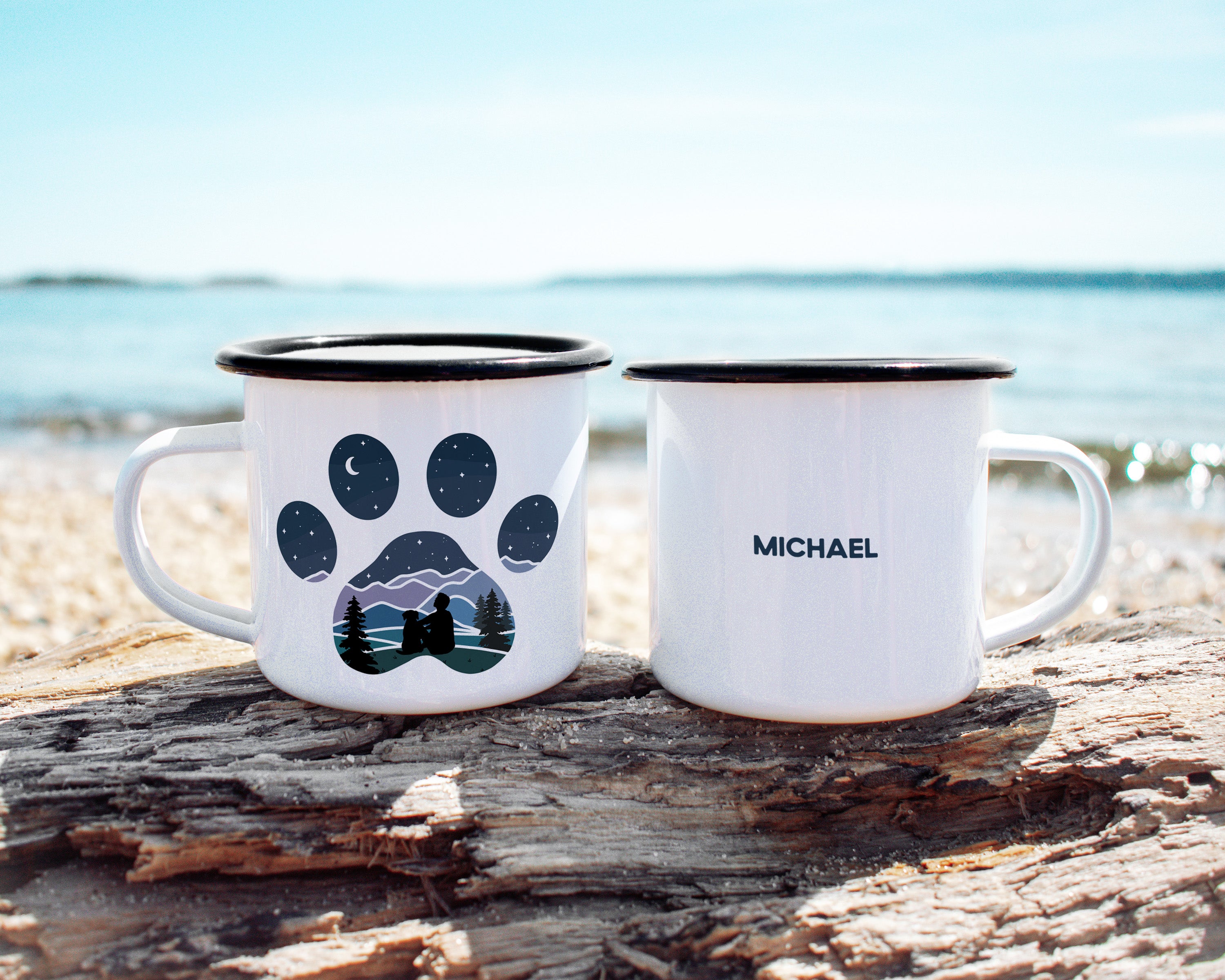 Dog Paw Print Mountain Guy with Dog Camp Mug