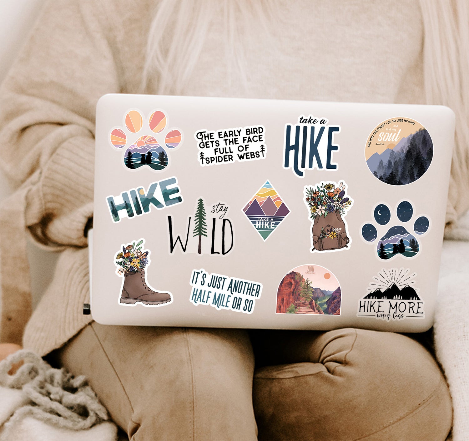 Hiking, camping, mountain, and adventure laptop stickers