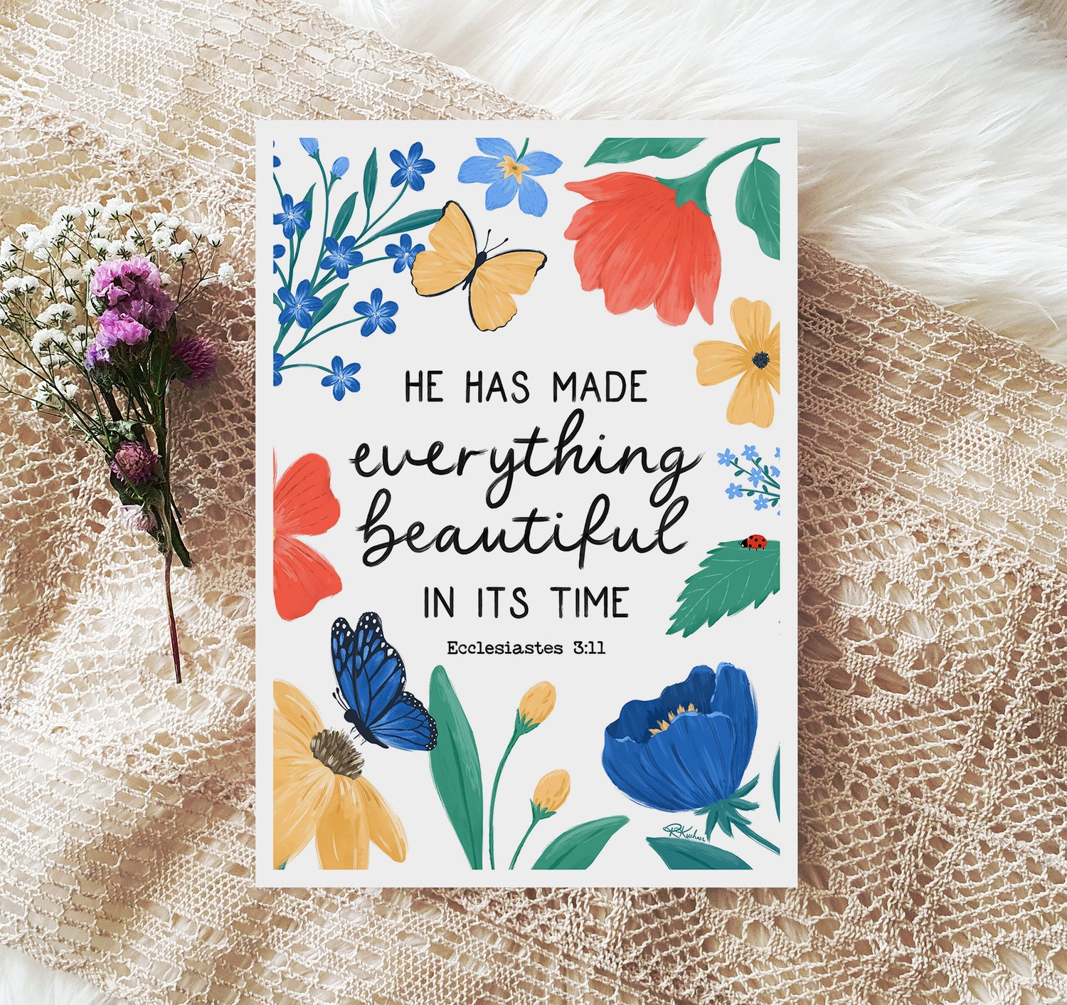 He has made everything beautiful in its time, Ecclesiastes 3:11 Bible verse art print with bright flowers, butterflies, and a ladybug