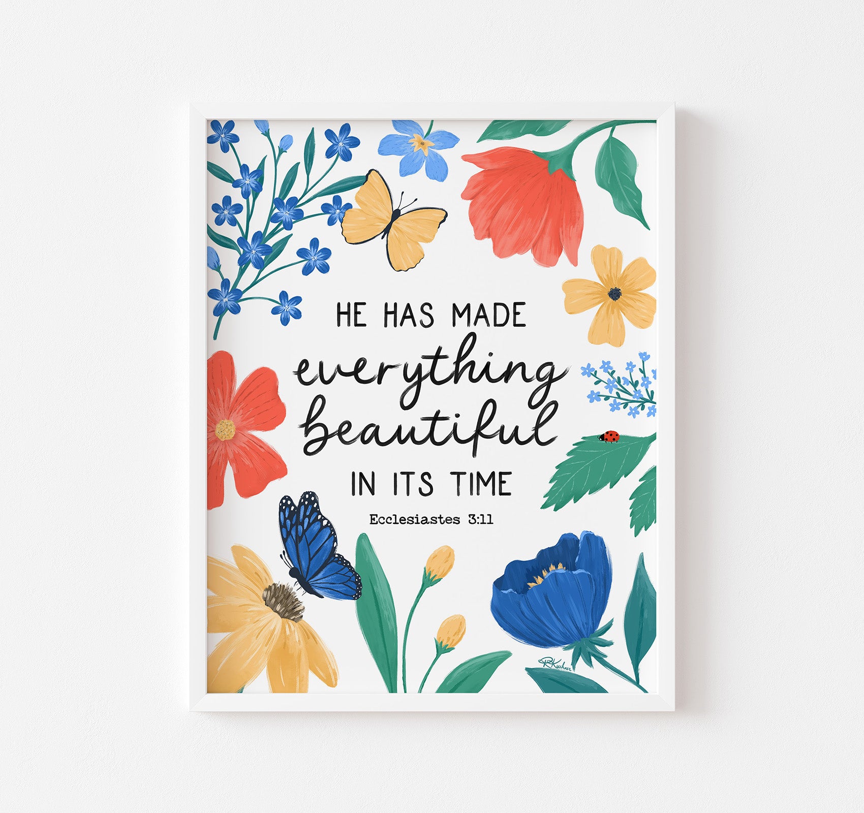 He has made everything beautiful in its time, Ecclesiastes 3:11 Bible verse art print with bright flowers, butterflies, and a ladybug