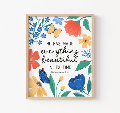 He has made everything beautiful in its time, Ecclesiastes 3:11 Bible verse art print with bright flowers, butterflies, and a ladybug