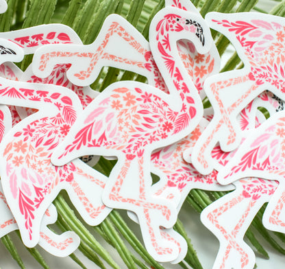 Pink flamingo stickers created from delicate flowers
