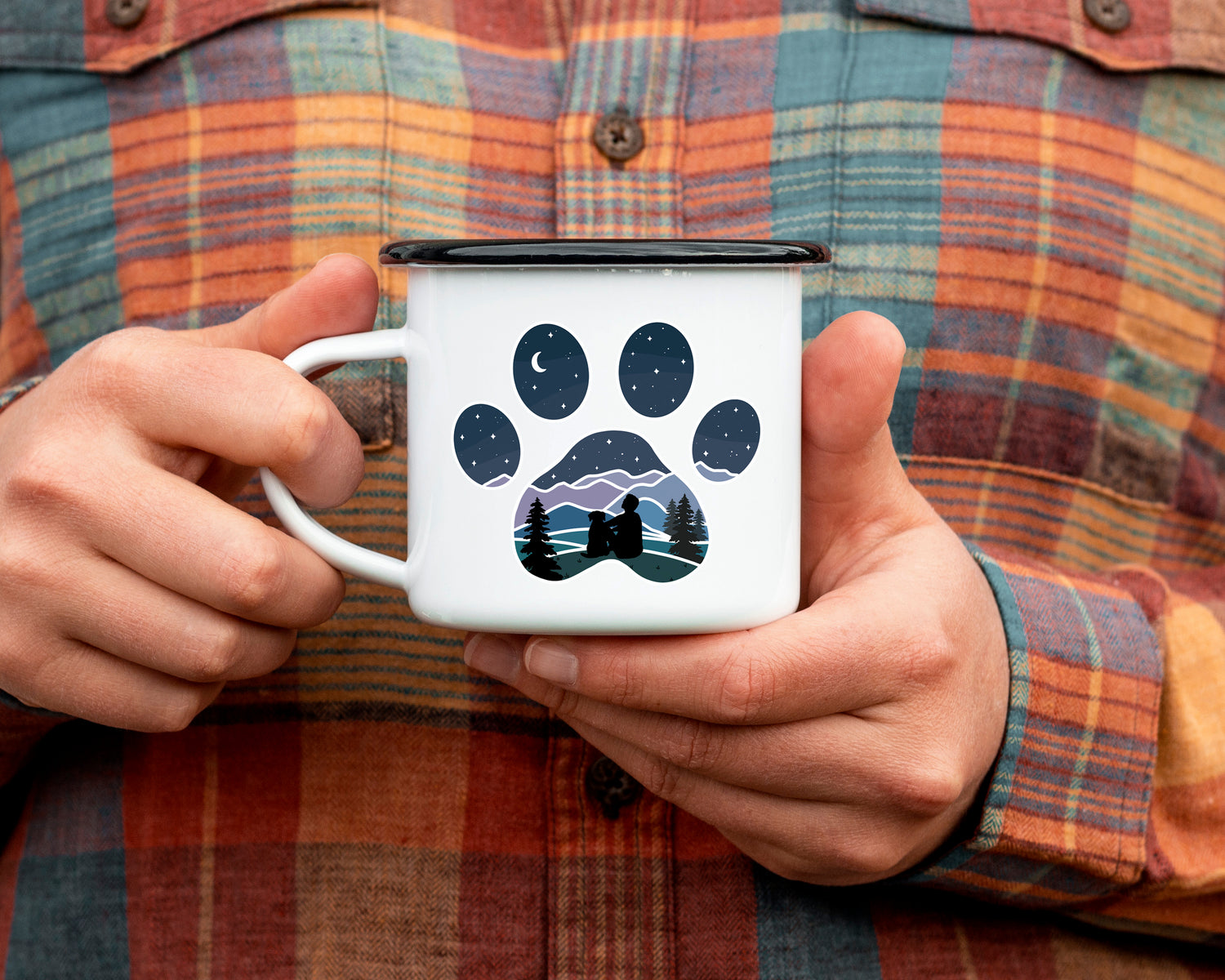 Dog Paw Print Mountain Guy with Dog Camp Mug