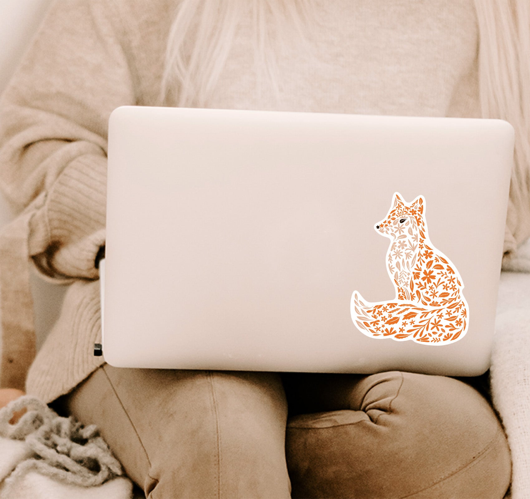 Large 6 inch size laptop sticker of a fox created with a floral pattern