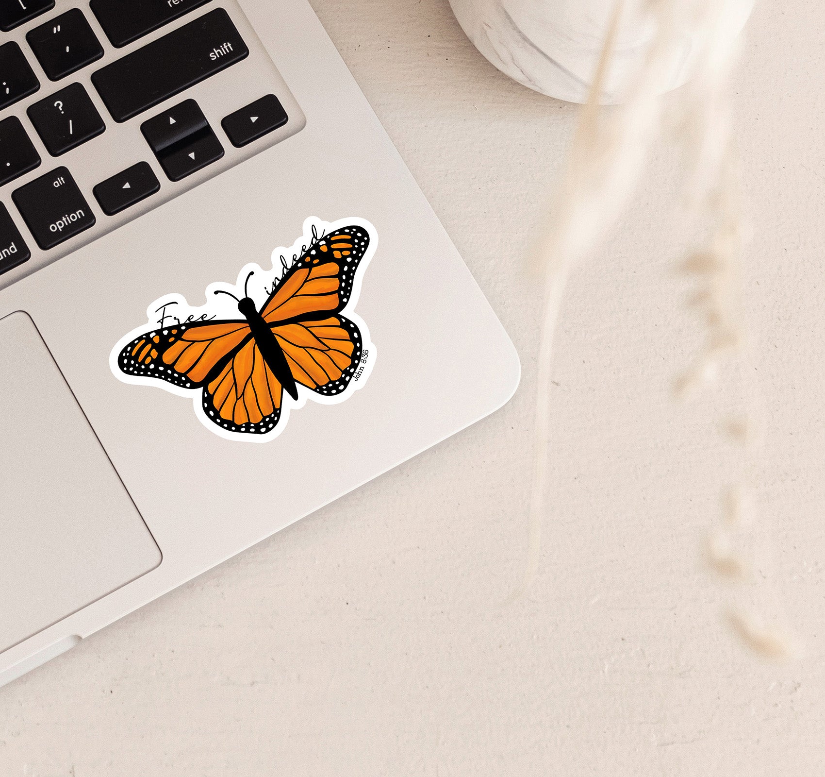 Free Indeed, John 8:36 Monarch Butterfly Christian laptop sticker