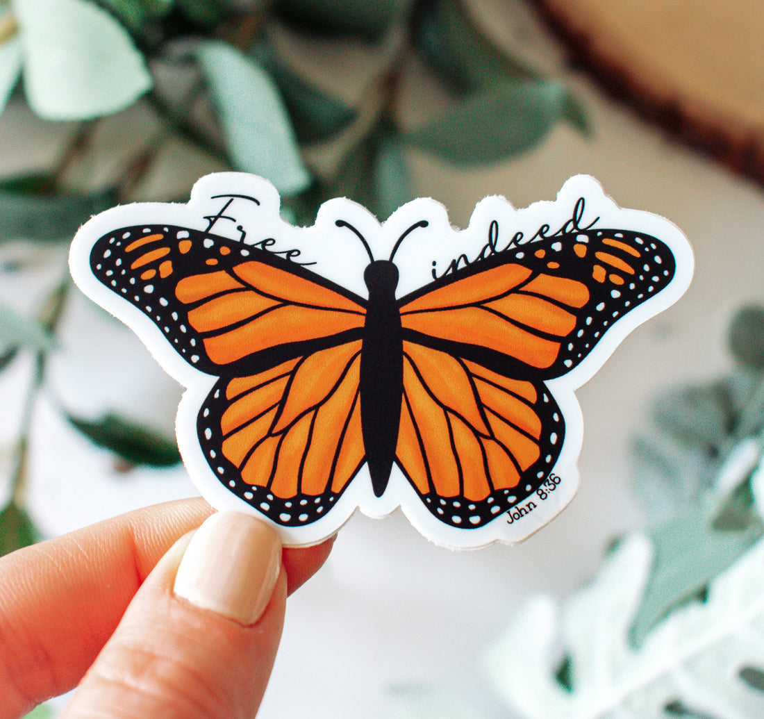 Free Indeed, John 8:36 Monarch Butterfly Christian sticker